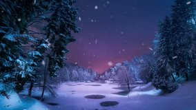 Beautiful fantasy winter nature landscape and mountains animated background.Seamless looping video background animation, Anime or cartoon style
