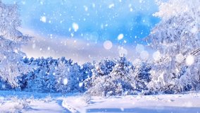 Beautiful fantasy winter nature landscape and mountains animated background.Seamless looping video background animation, Anime or cartoon style