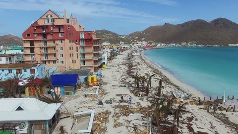 
Philipsburg St.maarten: September 2017: Hurricane Irma destroy famous great bay beach and buildings on st.maarten. Hurricane damage sustain during the Atlantic hurricane season. 