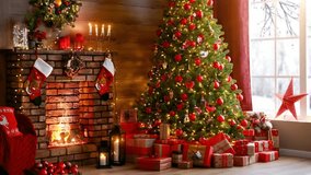 Christmas Cozy Room with Fireplace. The afternoon snowfall outside the window. Lots of presents under the Christmas tree. Candle holder. Light Garlands. Gifts. Happy New Year. Xmas. Eve. Looped video.