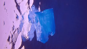 A blue plastic bag slowly drifts underwater, reflected in the surface of blue water, Vertical video, Slow motion. Plastic pollution of Ocean