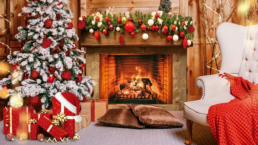 Cozy Living Room with a Beautiful Fireplace and Chesterfield Chair. Lots of presents under the Christmas tree. Winter Holidays. Light Garland. Gift box. Pillows. Happy New Year. Xmas. Eve. Loop video. Royalty-Free Stock Footage #3397473329