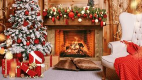 Cozy Living Room with a Beautiful Fireplace and Chesterfield Chair. Lots of presents under the Christmas tree. Winter Holidays. Light Garland. Gift box. Pillows. Happy New Year. Xmas. Eve. Loop video.