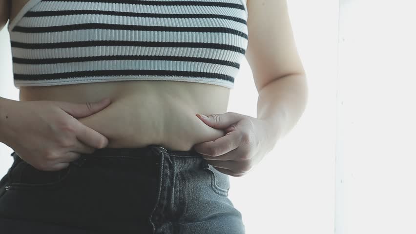 fat woman, fat belly, chubby, obese woman hand holding excessive belly fat with measure tape, woman diet lifestyle concept Royalty-Free Stock Footage #3397638679