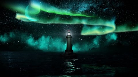 Mysterious Lighthouse During the Northern Lights. Seamlessly Loopable Background