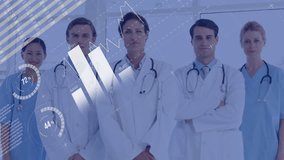 Animation of financial data processing over diverse doctors. Global medicine, business, connections, computing and data processing concept digitally generated video.