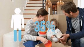 Animation of blue lman figure and percent over caucasian couple with boxes moving in to new home. Property, ownership, finance and data processing concept digitally generated video. - Powered by Shutterstock - Get 15% off with code: PIKWIZARD15