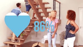 Animation of blue heart and percent over diverse friends with boxes moving in to new home. Property, ownership, finance and data processing concept digitally generated video. - Powered by Shutterstock - Get 15% off with code: PIKWIZARD15