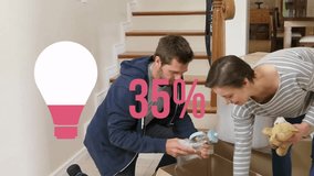 Animation of pink light bulb and percent over caucasian couple with boxes moving in to new home. Property, ownership, finance and data processing concept digitally generated video. - Powered by Shutterstock - Get 15% off with code: PIKWIZARD15