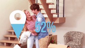 Animation of blue location pin and percent over caucasian couple with boxes moving in to new home. Property, ownership, finance and data processing concept digitally generated video. - Powered by Shutterstock - Get 15% off with code: PIKWIZARD15