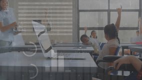 Animation of financial data processing over diverse schoolchildren in classroom. Global finance, business, connections, computing and data processing concept digitally generated video.