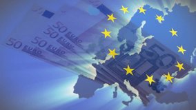 Animation of flag of european union and map of europe over euro currency bills. Global finance, business, connections, computing and data processing concept digitally generated video. - Powered by Shutterstock - Get 15% off with code: PIKWIZARD15