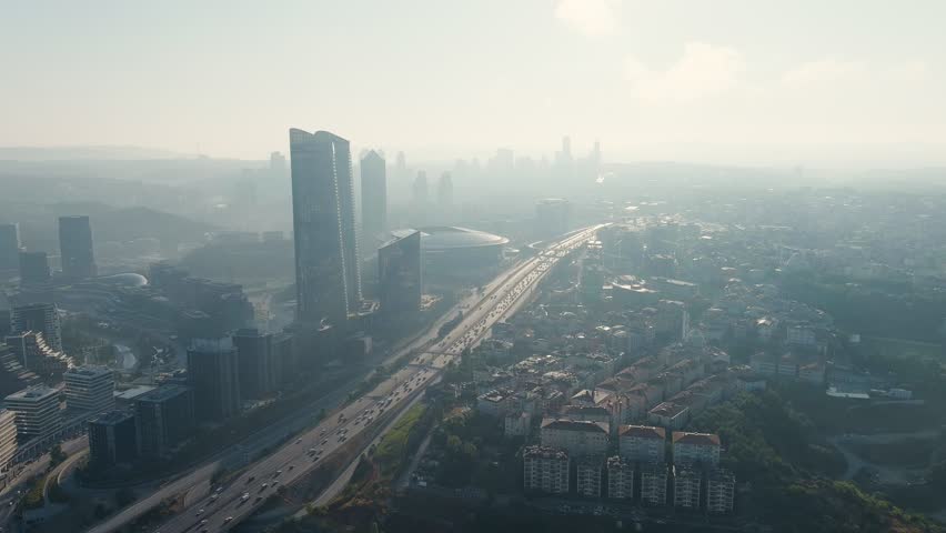 Istanbul, Turkey. Skyscrapers in Istanbul. District Huzur. Summer morning. Backlight, Aerial View