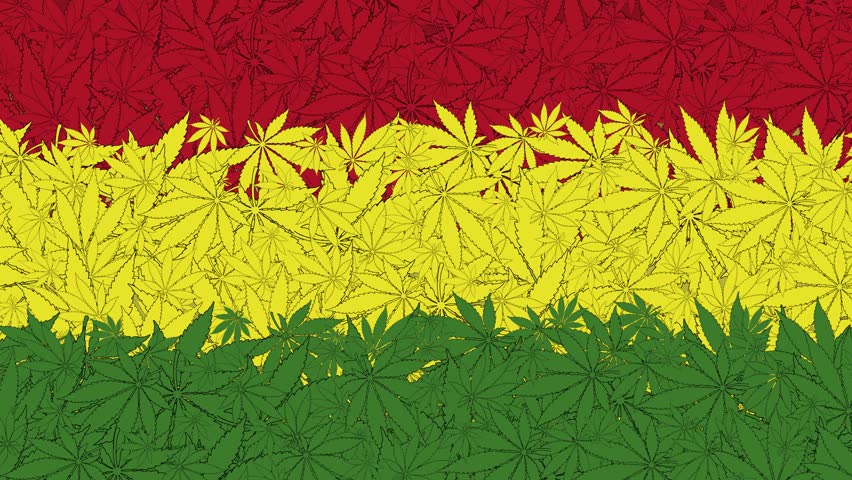 Cannabis leaves rasta flag colors waving cartoon animated background. Marijuana leaf illustration design template animation. 