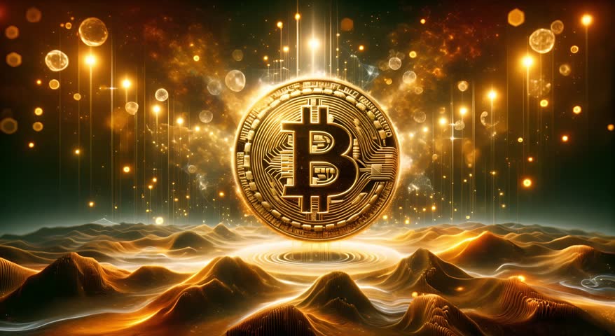 A golden Bitcoin coin digital landscape, symbolizing the rise of cryptocurrency. The coin gleams with intricate detail against a backdrop of dynamic data flows, luminous energy, blockchain technology Royalty-Free Stock Footage #3397881337