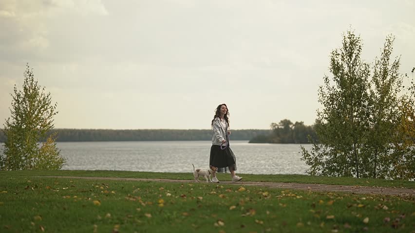 a woman walks with a dog. woman and dog. Autumn walk with the dog. slow motion video. High-quality shooting in 4K format. Royalty-Free Stock Footage #3397952033