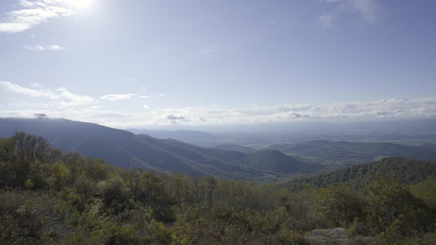 A 4k video with a horizontal pan of a scenic overlook at Shenandoah National Park in Virginia.