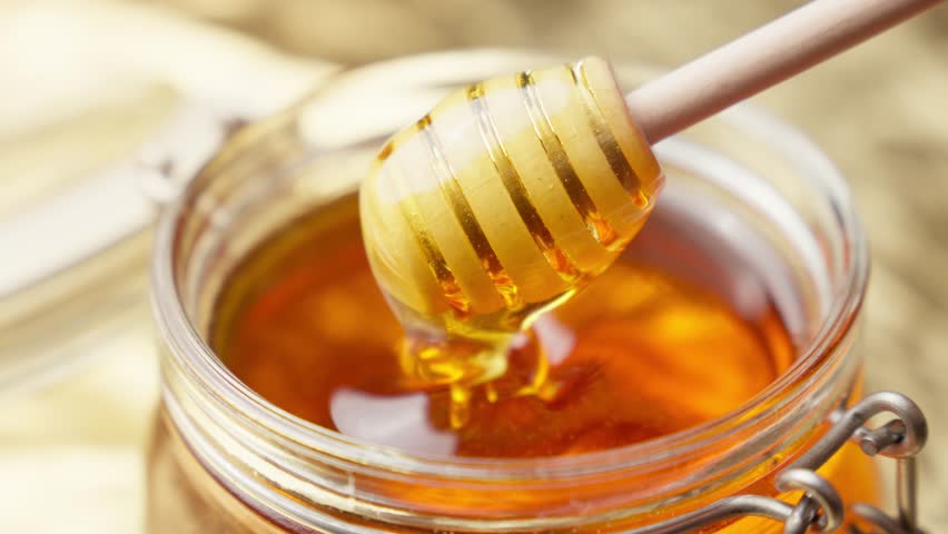Honey dripping. Dipping honey with honey scoop in glass jar. Healthy organic food. Thick honey dripping from wooden spoon. Close-up in 4K, UHD