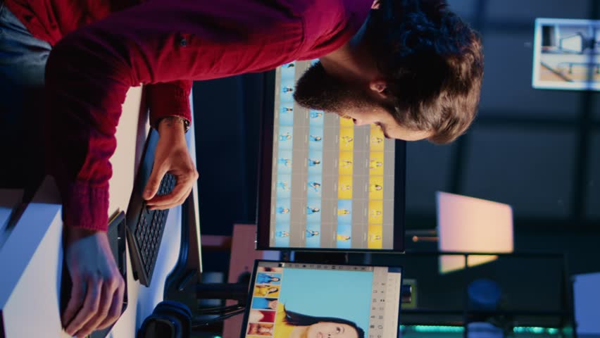Vertical video Photo editor editing images in post production company using retouching software. Photographer fixing overexposed pictures, adjusting white balance slider while drinking coffee