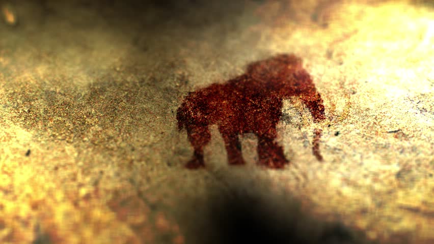 Camera pans over Ancient Cave Painting of a Mammoth or Mastodon
