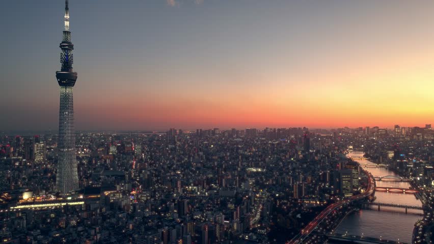 evening aerial view of downtown Tokyo and Tokyo Skytree in Japan, Japanese metropolis with evening lights, drone view of Tokyo skyline. High quality 4k footage