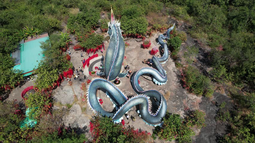 Aerial view of Wat Roi Phra Phutthabat Phu Manorom, Mukdahan, Thailand
