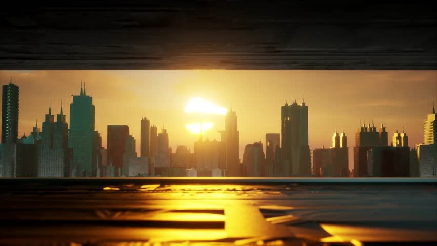 cityscape view animation with wide camera look angle and sunset behind city downtown. Skycrapers sun reflection from buildings. Modern 3d render animation Royalty-Free Stock Footage #3398127875