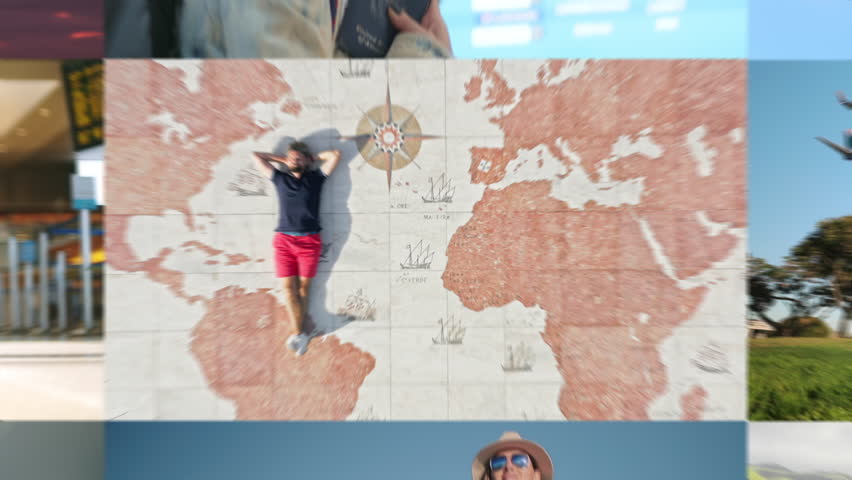 Zoom out collage of global travel background. Happy people traveling by airplanes. International tourism concept. Tourist with luggage in airport. Man passenger in aircraft. Woman check in flight 4K Royalty-Free Stock Footage #3398143401