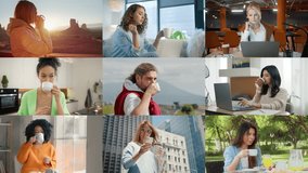 Collage of Attractive females enjoying coffee in slow motion. Handsome man holding cup of coffee. Portrait of satisfied people drinking coffee. Diverse women and men drinks hot coffee or tea from cups - Powered by Shutterstock - Get 15% off with code: PIKWIZARD15
