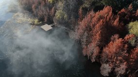 Aerial video of metasequoia and fishing boats in the ecological corridor of Erhai Lake in Dali, Yunnan province in autumn morning fog