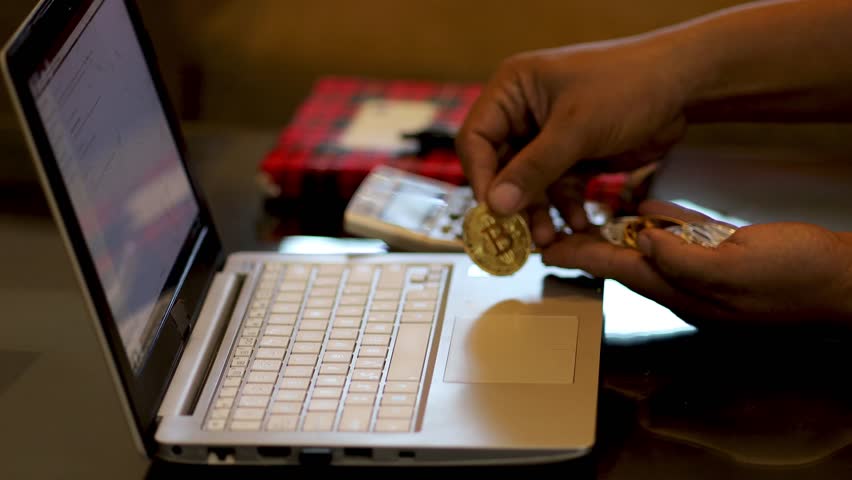 female accountant holding gold bitcoin coins and calculating profit and loss assets with calculator and recording in journal cash transactions