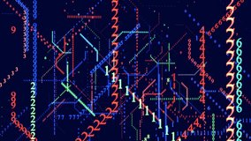 Symbols form lines, lines form corener grid. Sci-fi theme, information ai construction of letters. Vj loop hologram multicolored abstract bg. Big data block chain info technology. 3D Illustration - Powered by Shutterstock - Get 15% off with code: PIKWIZARD15