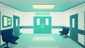 Hospital corridor waiting hall with information board chairs doors and wheelchair empty no people clinic interior 2D Animation. The background is hospital corridor. 4K Resolution.