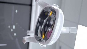 Dental lamp turns on when sensor touches dentist's hand and shines directly into camera Camera shoots from patient's first-person perspective. Professional Dental Lamp in Orthodontist's Office.