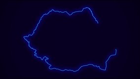 Romania Map Outline Country Border on dark blue.  Neon Lights  colorful animation transition. Flag of Romania. Animation in neon style. 4k Resolution.