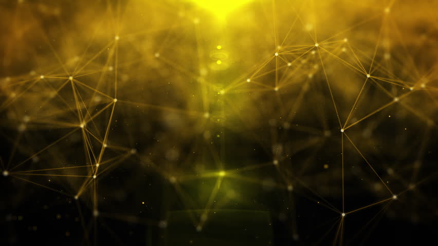 Abstract polygonal, low poly network connection structure spinning. Technology gold dots, lines mesh flowing in golden space with lens flare flickering 4K background