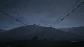 The High Voltage Electricity Tower And The Thunder On Night Dark Sky. The Dark Clouds. Thunder Lightning Rain. Sky Thunderstorm Clouds Timelapse 4K Video, Electricity Pylons In Rainy Countryside