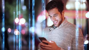 Cheerful Man using Smartphone Wireless Communication Network Concept. Mobile technology. Big Data Lines Flying from Mobile Phone.
City at Night. IOT, AR, Wireless Technology. - Powered by Shutterstock - Get 15% off with code: PIKWIZARD15