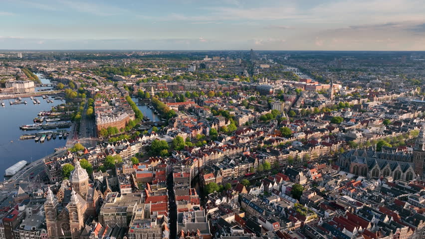 Aerial view of famous places Amsterdam, Netherlands.