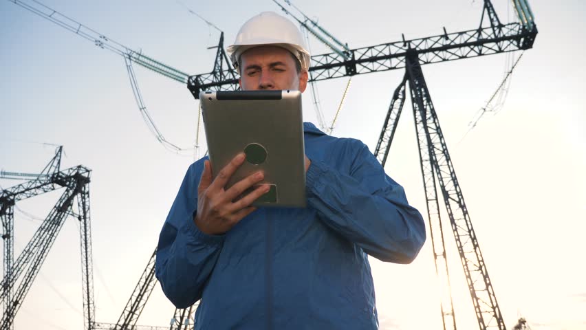 An electrical engineer wearing a helmet works with a tablet near high voltage electrical lines. An electrician works with the documents of an electrical substation. Energy business concept. Royalty-Free Stock Footage #3398529037