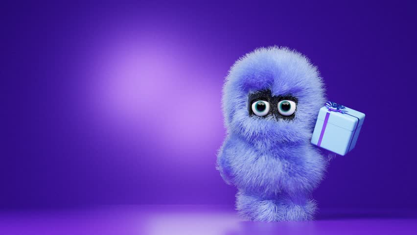 Cute character is dancing with a gift box. 3D animation of a hairy character on a background. Modern creative minimalist store holiday sale design. Modern advertising banner. Endless