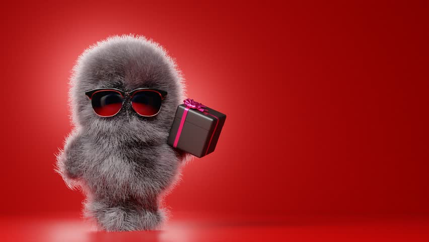 Cute fluffy yeti is dancing with a gift box. 3D animation of a hairy character on a red background. Modern creative minimalist store holiday sale design. Modern advertising banner.  Royalty-Free Stock Footage #3398537093