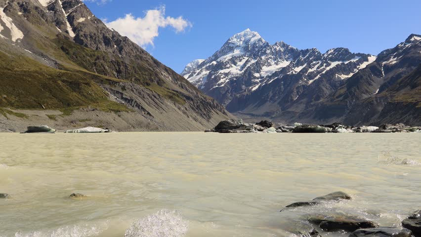 Hooker lake with floating ice at Mt Cook in mountain range of New Zealand 4k.
