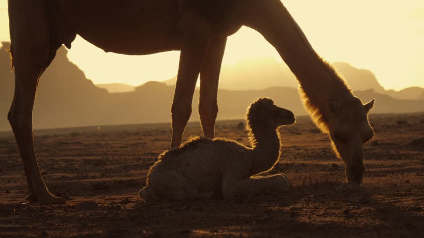 A baby camel next to its mother camel during sunrise. A mother camel feeds her newborn calf in the Jordanian desert next to the ancient city of Petra. Royalty-Free Stock Footage #3398613717