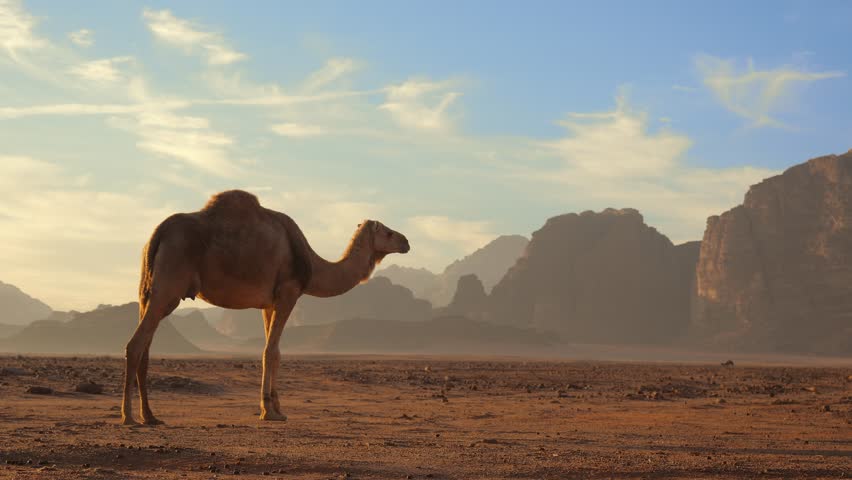 Tracking steady cam gimbal shot of a Camel walking through the Wadi Rum Desert in Jordan, Middle east Asia. Lonely camel, Sandy Valley with hils and rocks among Sunshine. 4k wide shot Royalty-Free Stock Footage #3398615419