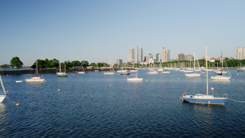 Veterans Park bay - Milwaukee Wisconsin - Drone shot of sailboats in morning
