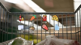 Futuristic shopping trolley in grocery store. Supermarket cart with holographic interface showing goods prices. Augmented reality. Animation. - Powered by Shutterstock - Get 15% off with code: PIKWIZARD15