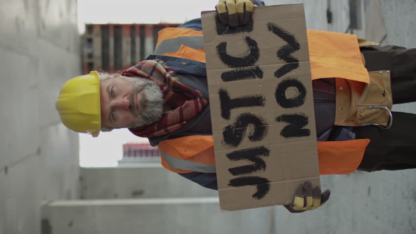 Vertical medium portrait of mature bearded Construction worker in safety vest and hardhat holding cardboard banner with Justice Now slogan, standing at concrete construction site Royalty-Free Stock Footage #3398947459