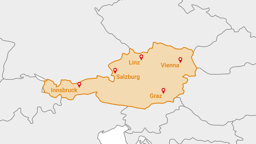 Animation of Austria country map on the world map. Animation of map zoom in with border and marking of major cities and capital of the country Austria. Background with alpha channel. Motion design.