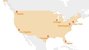 Animation of United states country map on the world map. Animation of map zoom in with border and marking of major cities and capital of the country USA. Background with alpha channel. Motion design.